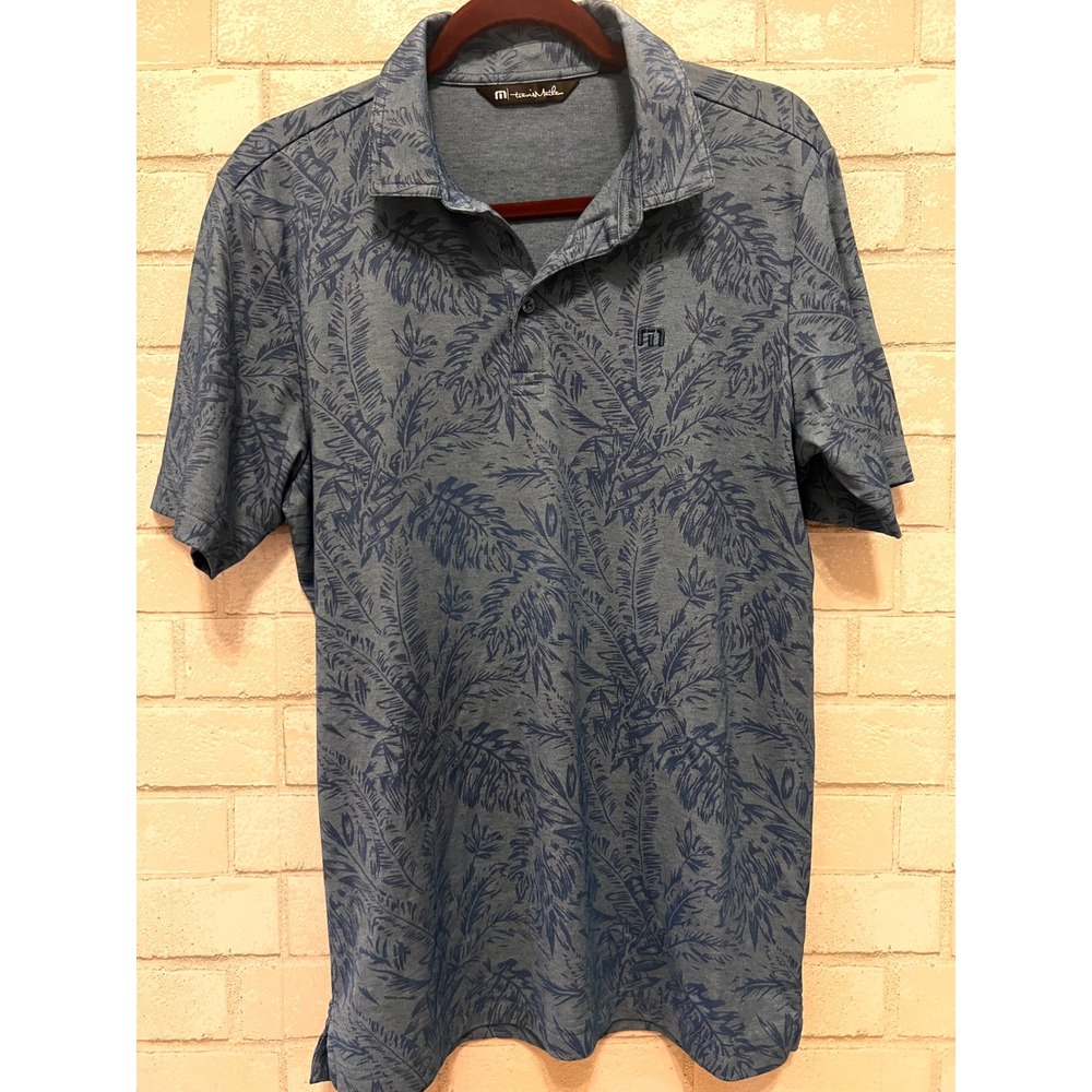 TravisMathew Mens Blue Tropical Palm Leaf Pima Cotton‎ Blend Polo Shirt Size M